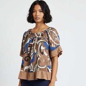 Terzo Mellenio Brown and Blue Off-Shoulder linen Blouse made in Italy
